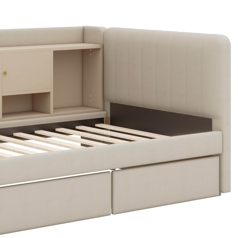 Lit de jour simple rembourré en tissu avec tiroirs, étagères, armoires rabattables et table d'appoint, Beige
