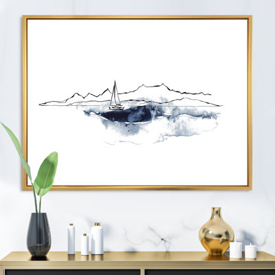 «Minimalistic Seascape with Black Mountains and Boat», peinture sur toile à cadre flottant