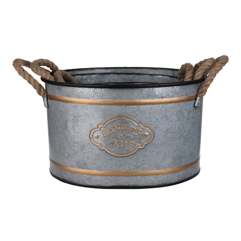 3 - Piece Decorative Metal Pot With Rope Handles And Gold Adornment, Cottage Style, Progressive Sizing For Storage, 4.2 Lbs Of Three Pots Trim Detail, Grey Multi Color Composition, Nesting Space