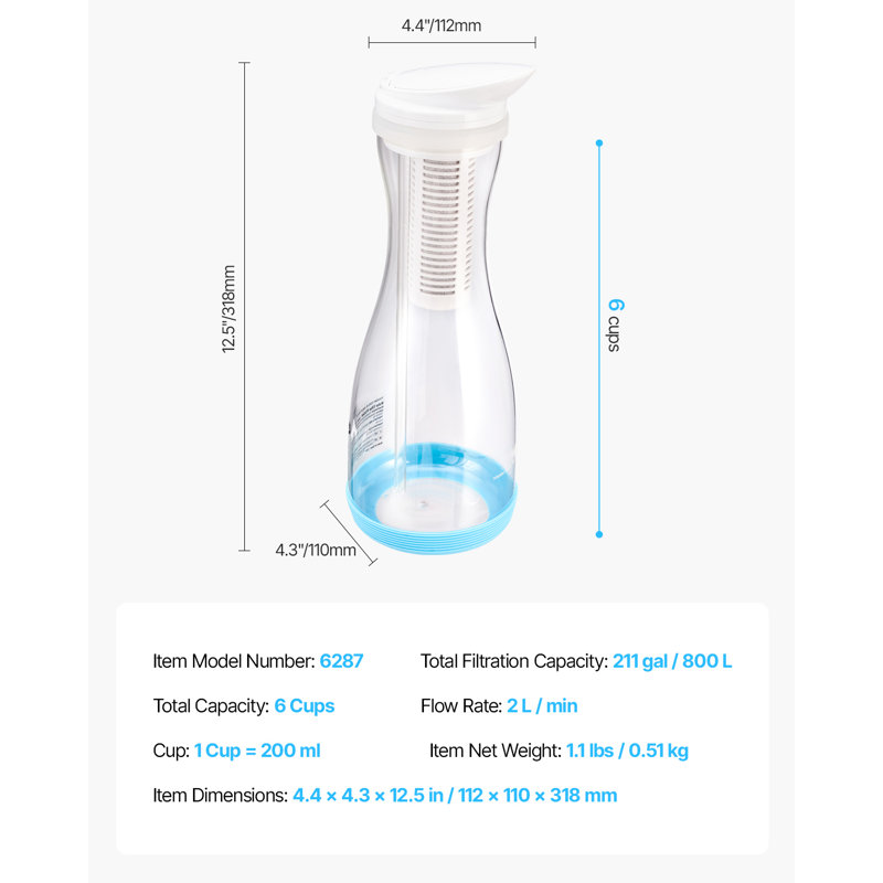 Pichet pour filtre à eau 6 tasses, filtre à eau en verre, 210 gallons, sans BPA