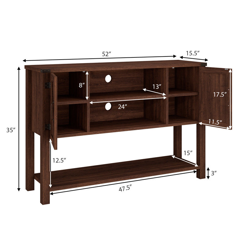 Brown Fir Wood Console Table with Cabinets and Shelves