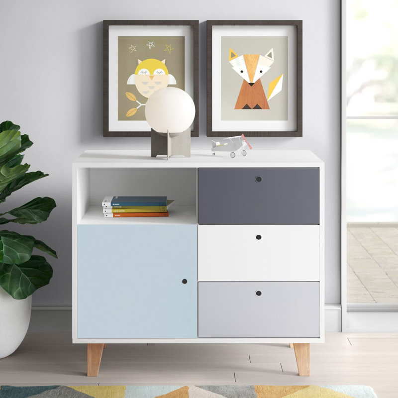 Aleana 3 Drawer Combi Chest, Sky Blue/White/Grey