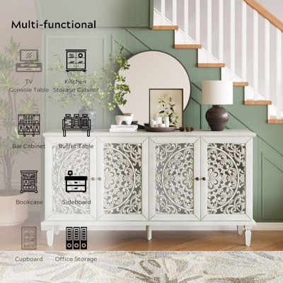 60" Buffet Cabinet with Floral Carvings with Solid Wood Legs&Antique Brass Handles&Adjustable Shelves, TV Stand for 65''+ TV, Sideboard for Living Room,Dining Room