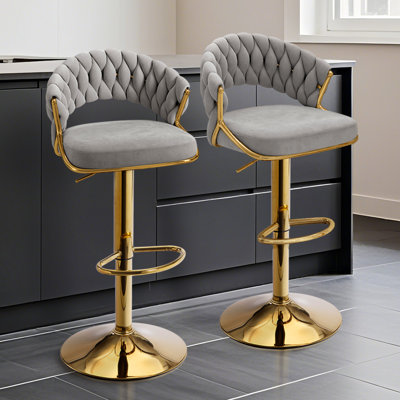 Velvet Swivel Bar Stools Set of 2, Modern Gold Barstools with Woven Back