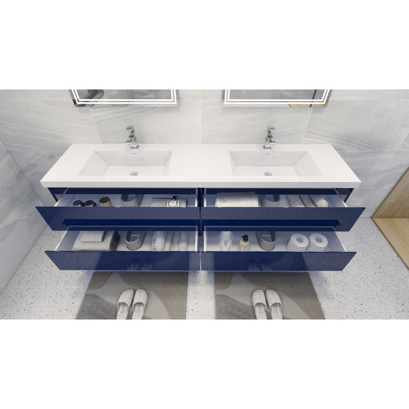 Ensemble de meuble-lavabo double mural 83 po Bobijo, Bleu nuit