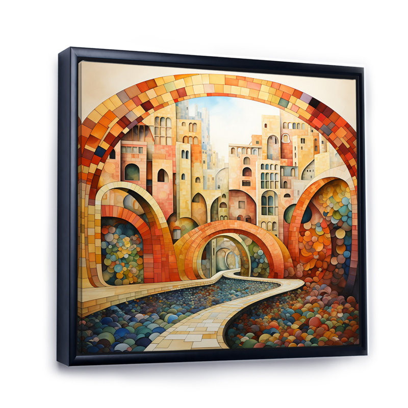 Orange Bridge Dynamic Archway Pointillism I, H 24 po x l 24 po x P 1 po, Cadre flottant noir