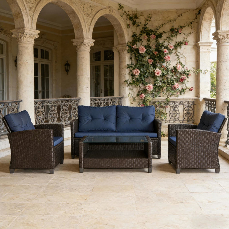 Ensemble de patio 4 pièces comprenant deux chaises et une table basse avec structure en PE, dossiers élégants, coussins d'assise amovibles pour un nettoyage facile.