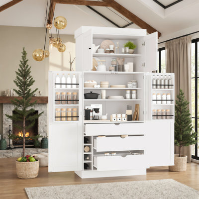 Très grand garde-manger autoportant de style shaker avec porte-bouteilles