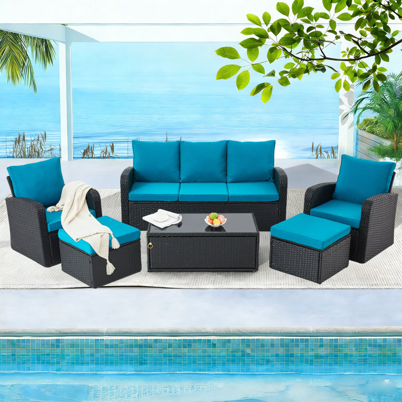 Ensemble de conversation avec canapé et coussins 6 pièces, Coussin bleu paon / cadre noir
