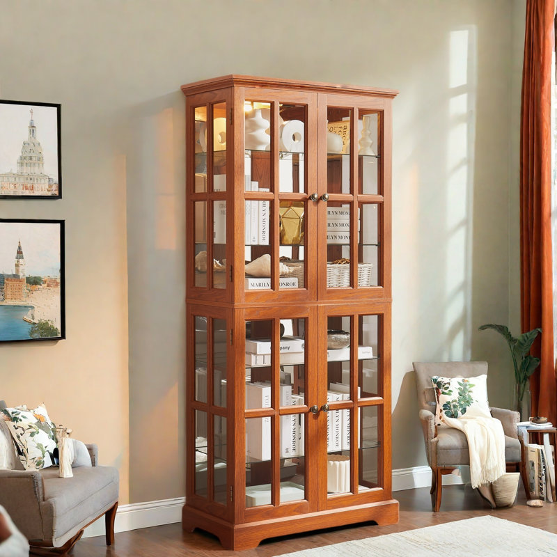 Antique Display Cabinet With 4 Glass Doors, Adjustable Shelves, Metal Embossed Handles And Integrated Lighting, Oak
