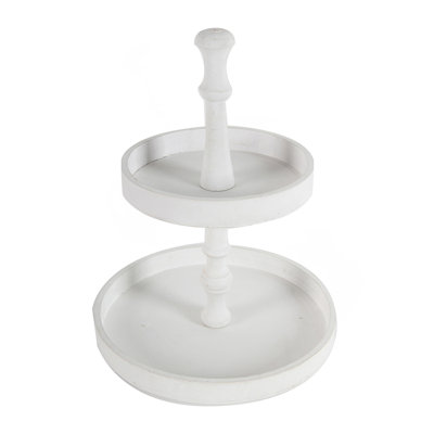 D11.8X15.4" Two-Tiered Round Wooden Tray, White