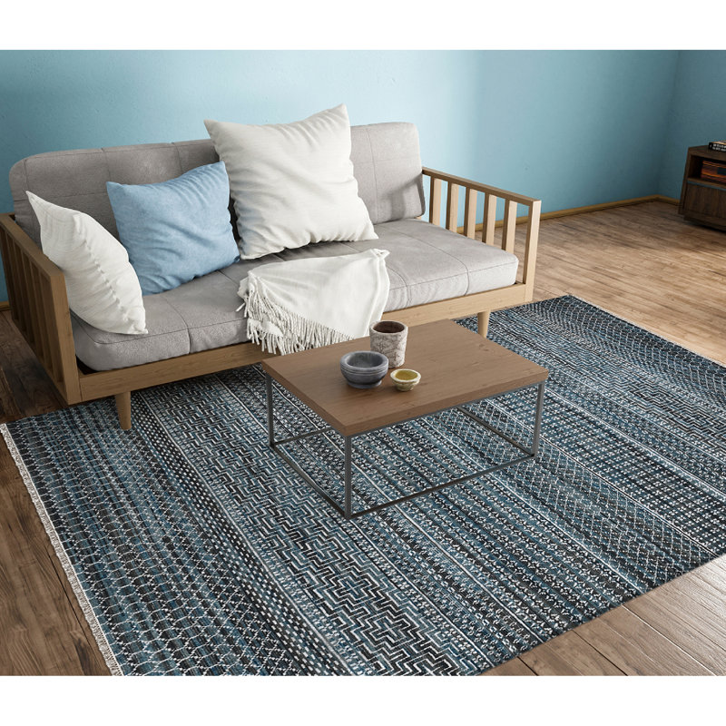 Blue Hand-Knotted Wool Blend 2' x 3' Area Rug with Tassels