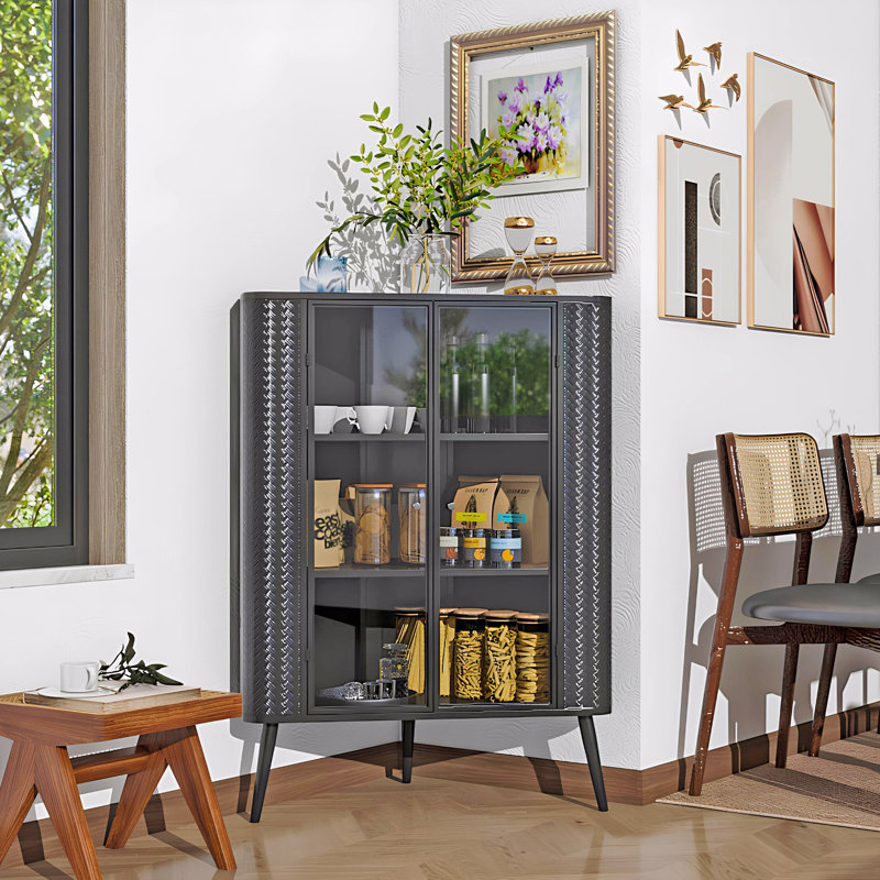 Armoire de rangement moderne à 3 niveaux avec portes en verre trempé, tablettes amovibles et structure en métal