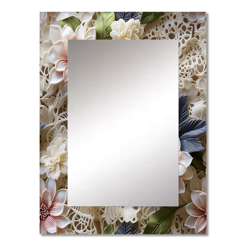 Tadisa White Vintage Floral Lace Veil - Floral Wall Mirror, Floral Decorative Mirror, Printed Metal Art, 32" x 24"