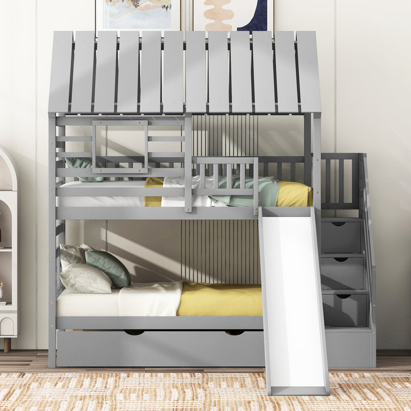 Lit simple / simple avec lit gigogne, glissade et lit compact gris