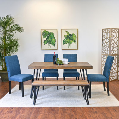 Ensemble de salle à manger 6 pièces Amisos, table à manger en épingle à cheveux avec 4 chaises et un banc en bois, 3 options de couleurs