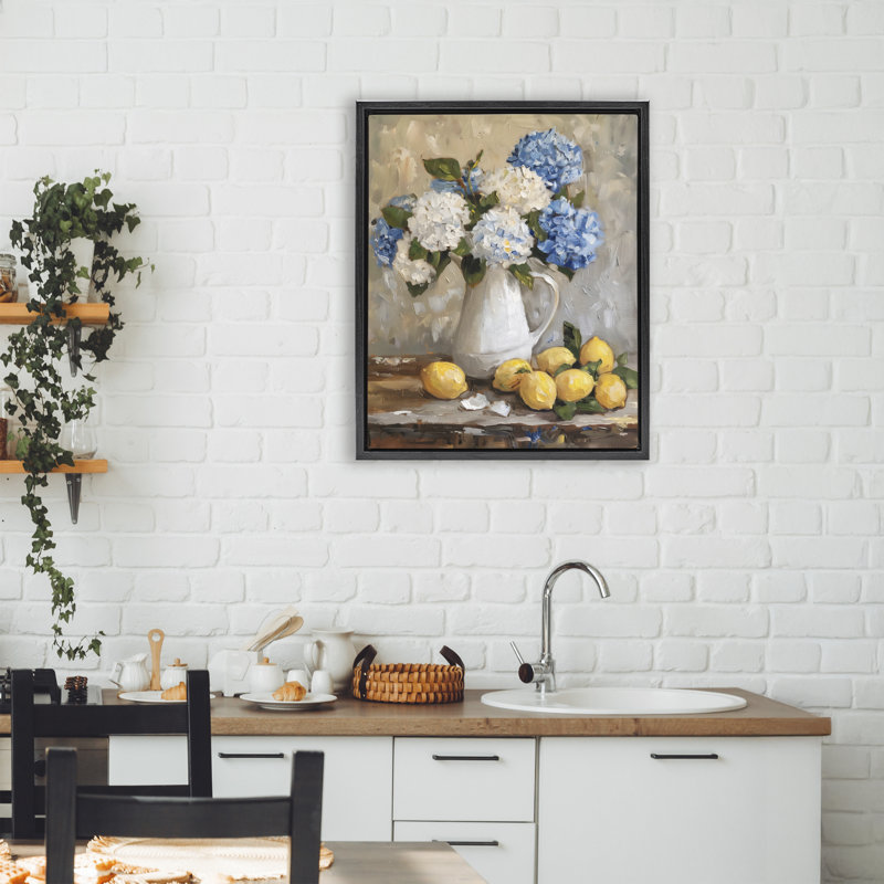 Cadre flottant d'hortensias et d'agrumes nature morte, design par LSR Creative Studio, Cadre flottant noir de jais