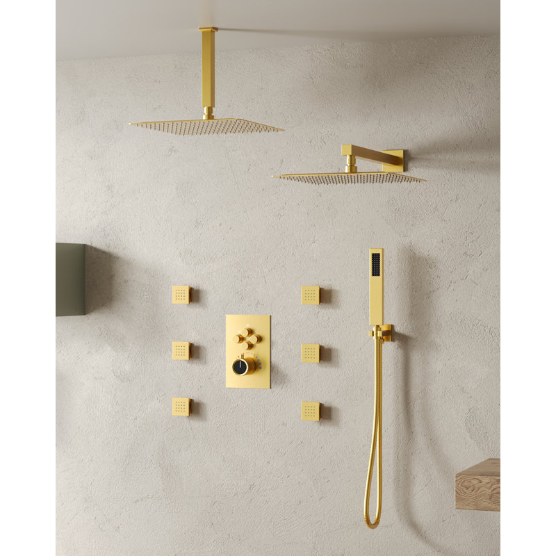  Système de pomme de douche thermostatique double, robinet de douche à pluie haute pression 12 "avec douchette et jet pour le corps