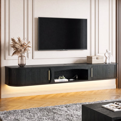 Mid-Century Modern 70" Floating TV Stand With Fluted Tambour Doors, Built-In Power Hub & Adjustable LED Lighting, Black