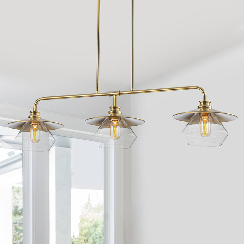 Faceted Glass Linear Pendant Light - 3-Light Gold Frame, 42'' Wide, Adjustable 19''-74'', E26 Dimmable, Kitchen Island Fixture