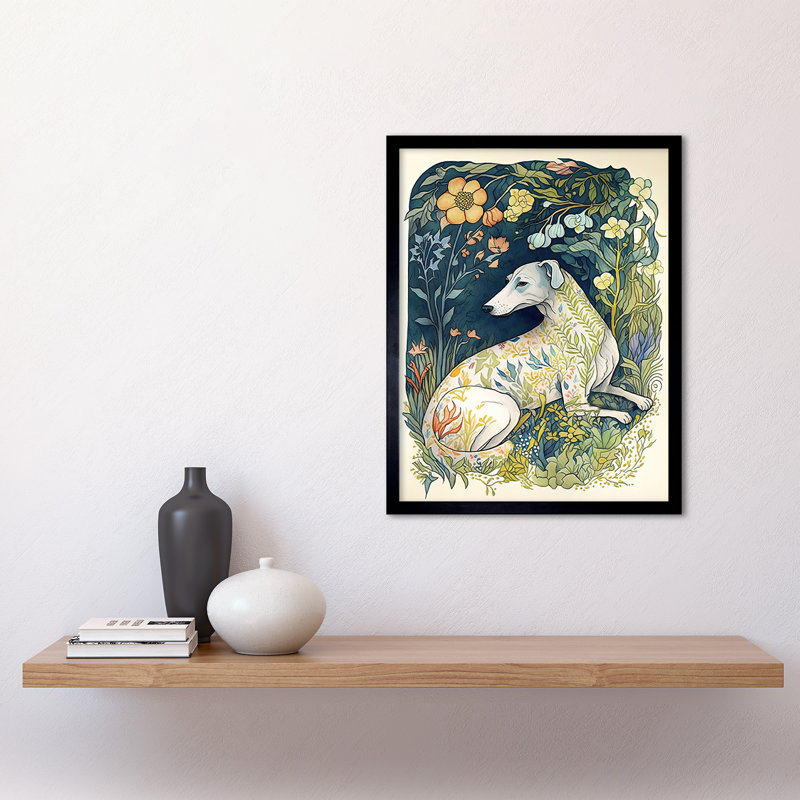 White Greyhound Dog With Floral Pattern Fur Coat Lying In Flower Field Modern - Single Picture Frame Print