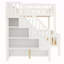 Lit superposé double au-dessus de grand lit double avec escalier de rangement, bibliothèque intégrée à lumière DEL et garde-corps pleine longueur, blanc-135110493