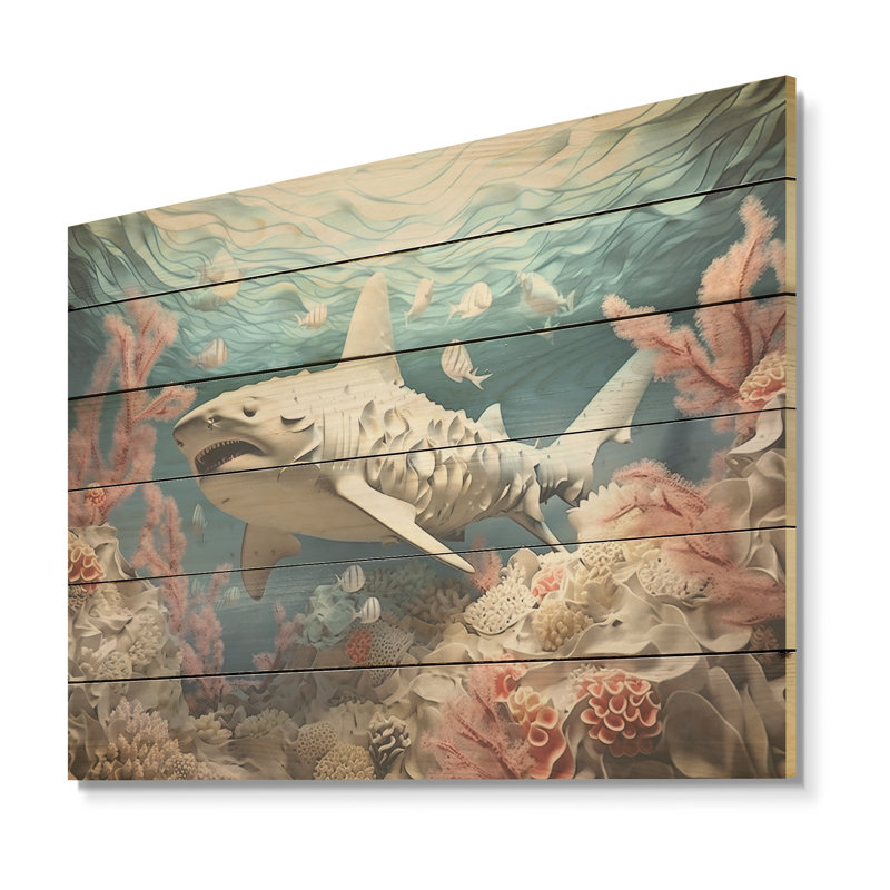 Coral And Sharks Collage Symetry - Coastal Coral Under Water Wood Wall Art On Natural Pine Wood, 24" H x 32" W