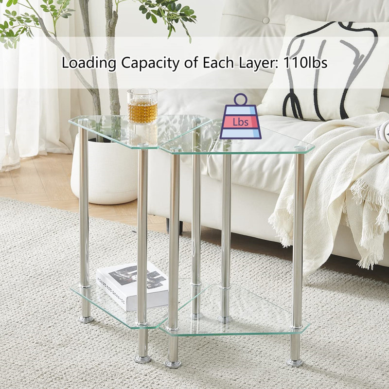 Glass Sofa Table Side Table Small With Storage Shelf, Living Room 2 Tiers Corner Coffee End Table Bedroom Little Nightstand Beside Table (Clear, Triangle)