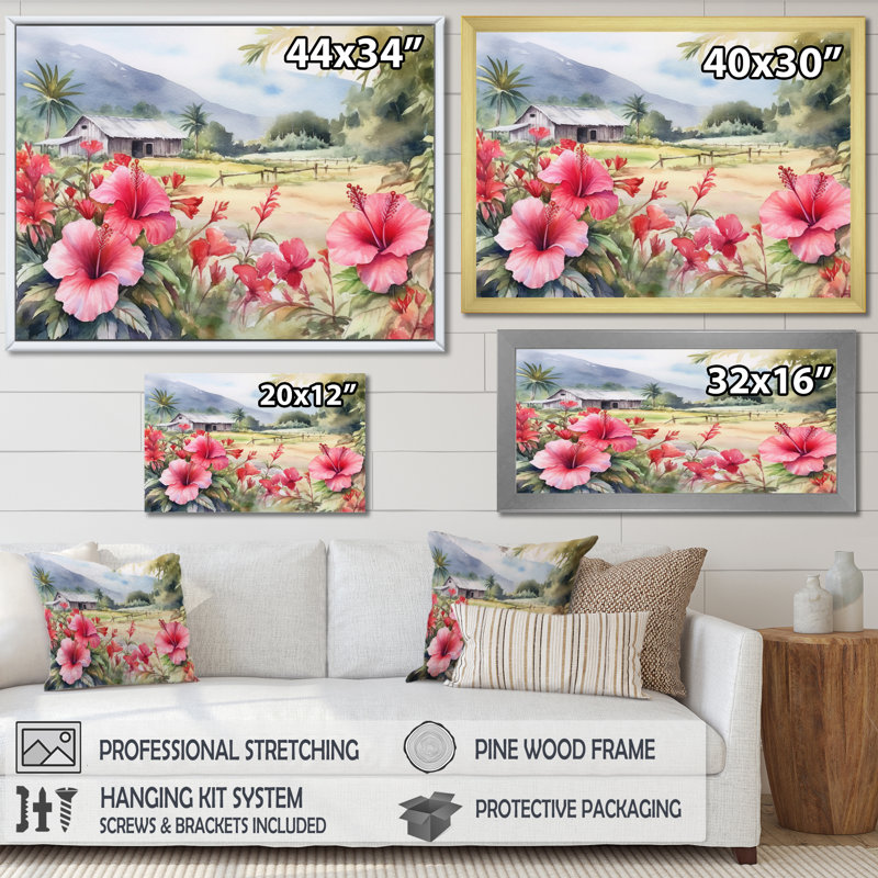 Hibiscus rose, vert, harmonie tropicale II sur toile, H 12 po x l 20 po x P 1 po, Cadre photo argenté