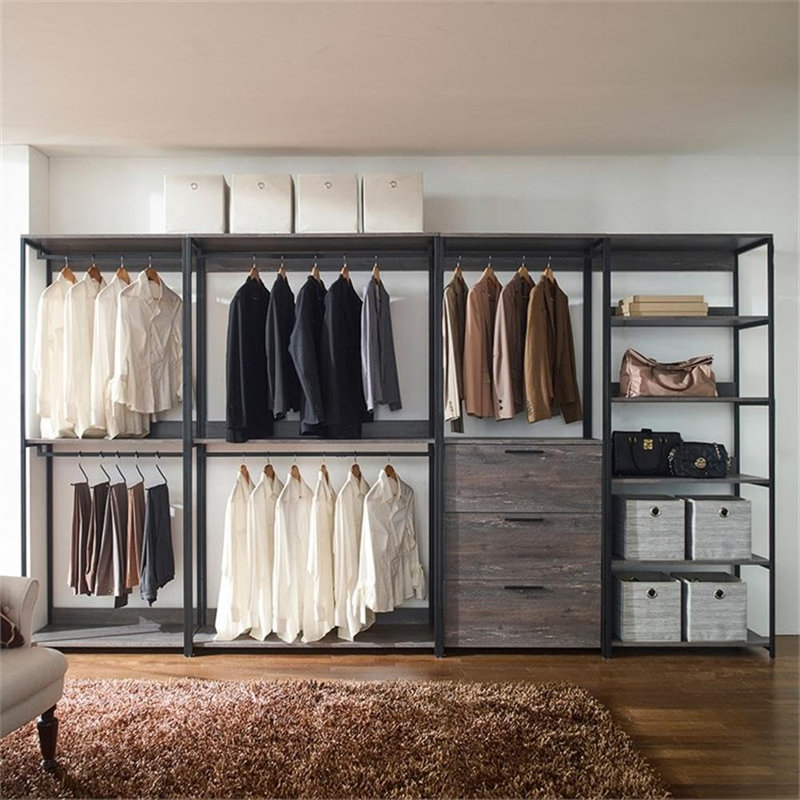  Wood Walk in Closet System with Drawer and Open Storage Metal Frame Design