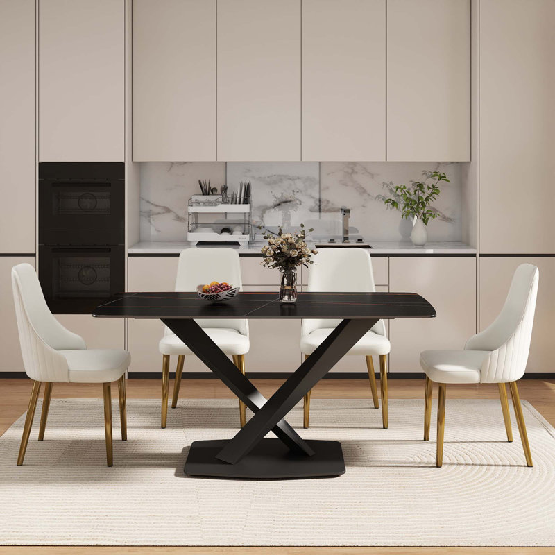 Table de salle à manger moderne en pierre artificielle à rebords arrondis avec pieds en métal noir, Noir