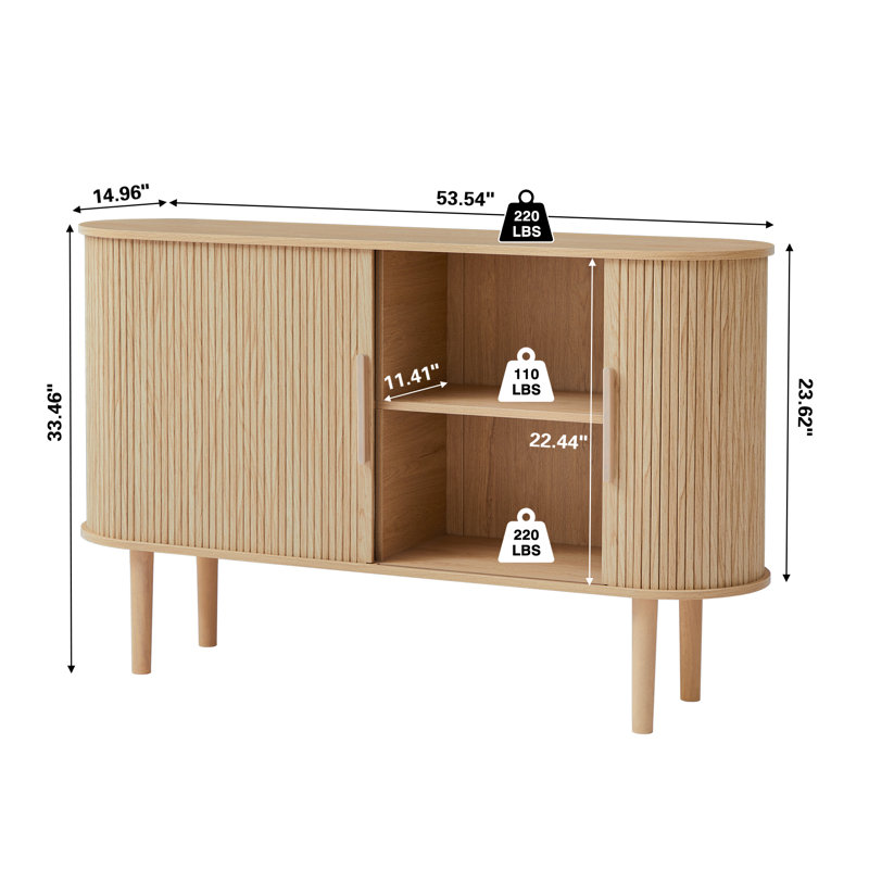 Sideboard Buffer Cabinet with Fluted Slide Doors, Natural