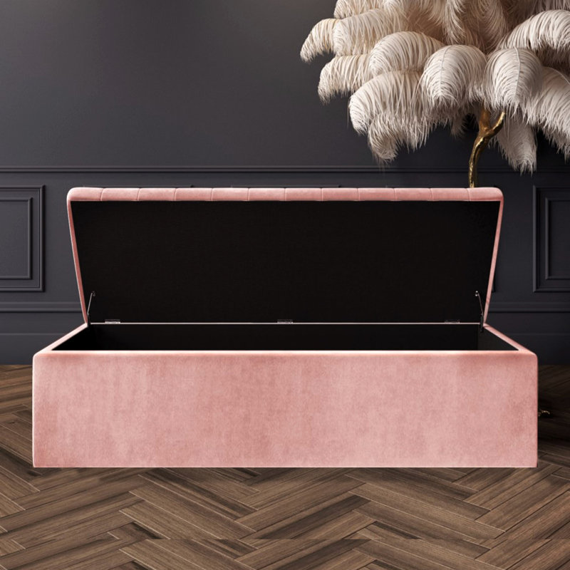 Velvet Rectangle Solid Colour Standard Ottoman with Storage, Pink Plush Velvet, 90 cm