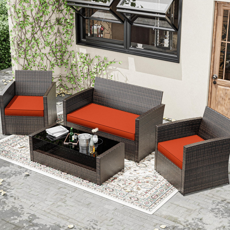 Outdoor Seat Cushions 3" Patio Furniture Cushions Replacement Set For 4 Seats, Cushions Only, Orange