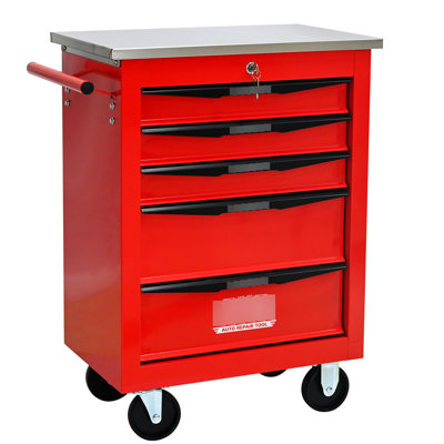 5 Drawers Multifunctional Tool Car With Wheels, Red & Black, Lockable, Pull Handle, 4  2 Brake , - Bearing For Workshop Repair Storage Black Stainless Steel Roof, Universal Wheels Locking, 15Kg Slide