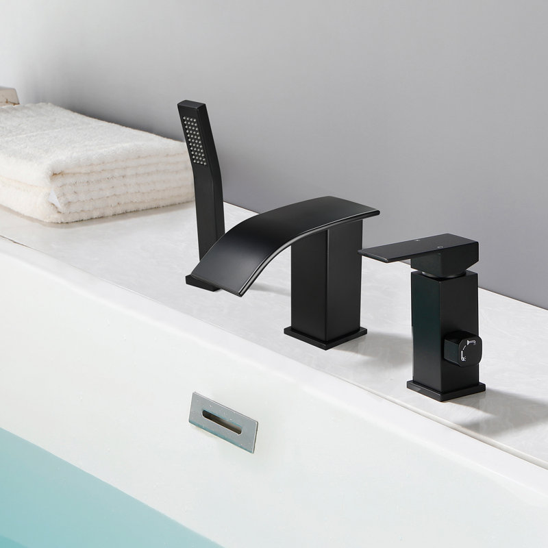 Robinet de baignoire romaine à cascade avec douche à main, ensemble de robinets de baignoire à fixation sur le comptoir avec douche à main, robinet de baignoire à large entraxe, robinet de baignoire à 3 trous avec douchette