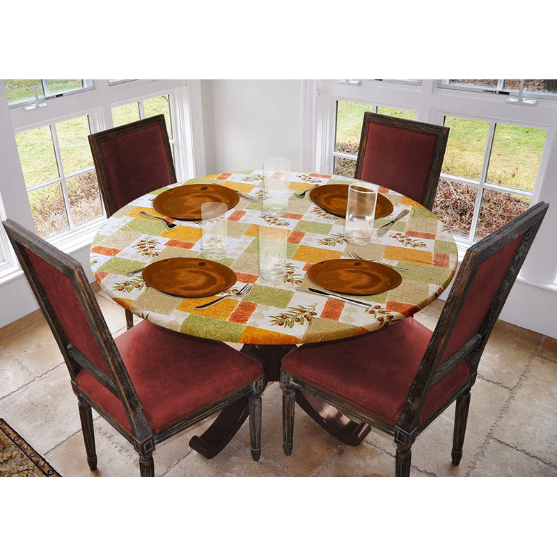 Red Barrel Studio® Deluxe Elastic Edged Flannel Backed Vinyl Fitted Table Cover - Olive Patch Pattern - Small Round - Fits Tables Up To 40" - 44" Diameter