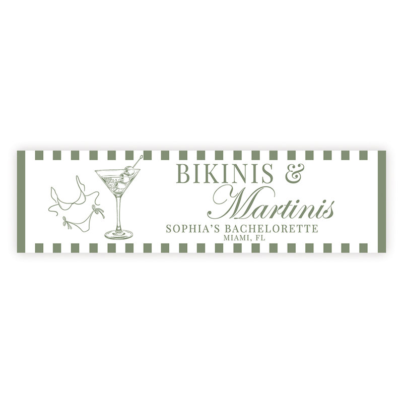Bannière de Bachelorette rayée sur mesure en Bikinis et Martinis, vert Martini, décor de piscine sur la plage, décor personnalisé