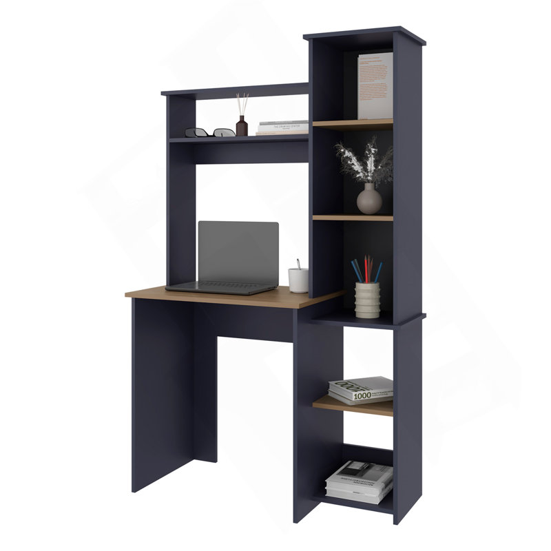 Bureau d'ordinateur avec huche et bibliothèque latérale, bureau à domicile moderne avec tablettes de rangement, bleu Kronos et chêne naturel
