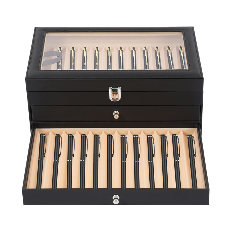 36-Slot PU Leather Pen Display Box With Glass Window, Black
