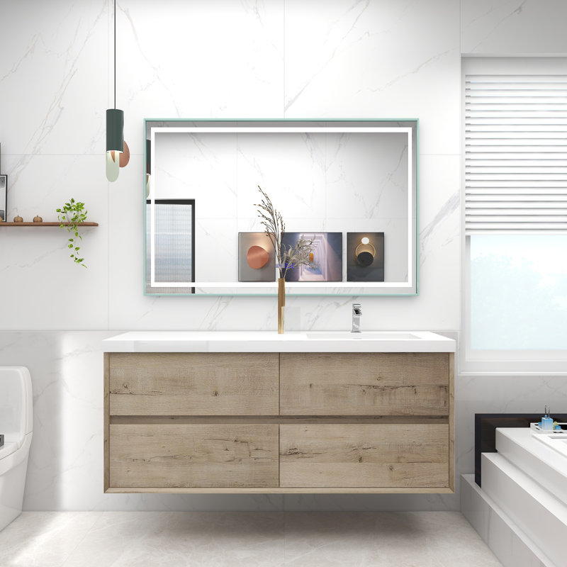 Moncear 59'' Single Bathroom Vanity with Acrylic Top, Light Oak