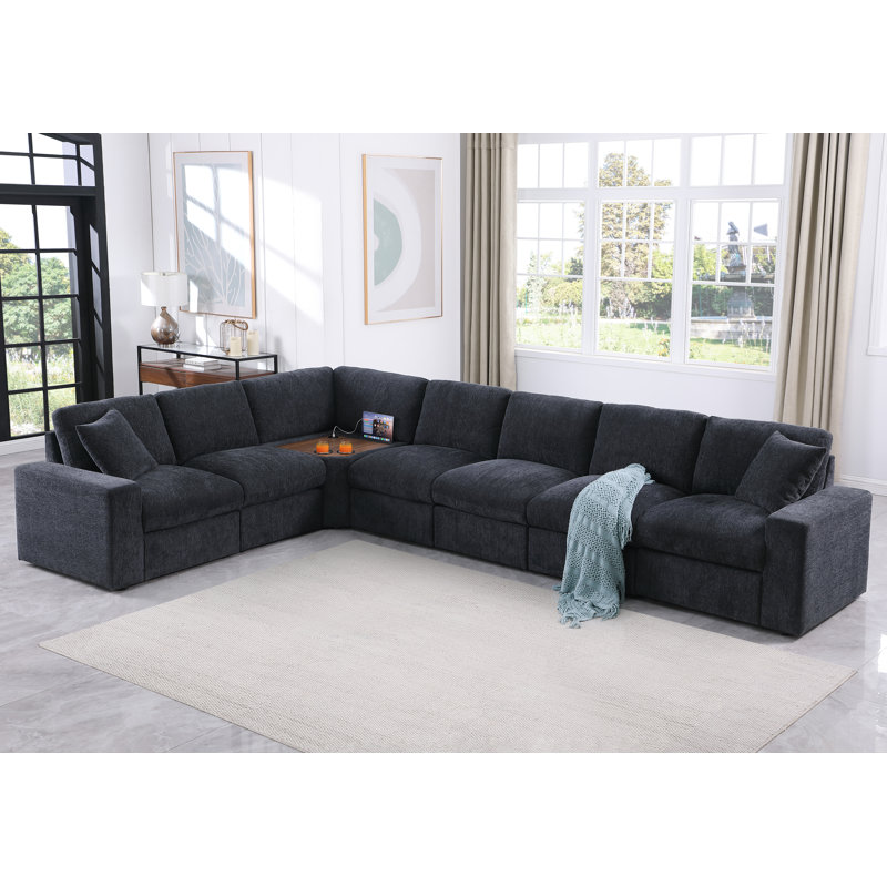 Canapé d'angle modulaire coupable avec console de porte-gobelets et port USB, Gris chenille