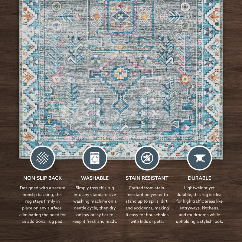 Ducote Washable Gray and Green Machine Woven Area Rug, Rectangle 2' x 3'