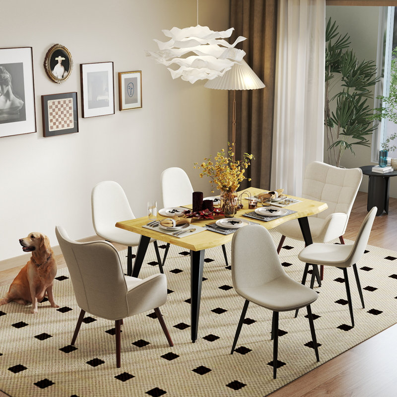 Ensemble de table de salle à manger 7 pièces pour 6 personnes, table de salle à manger Wave-Edge avec 6 chaises rembourrées