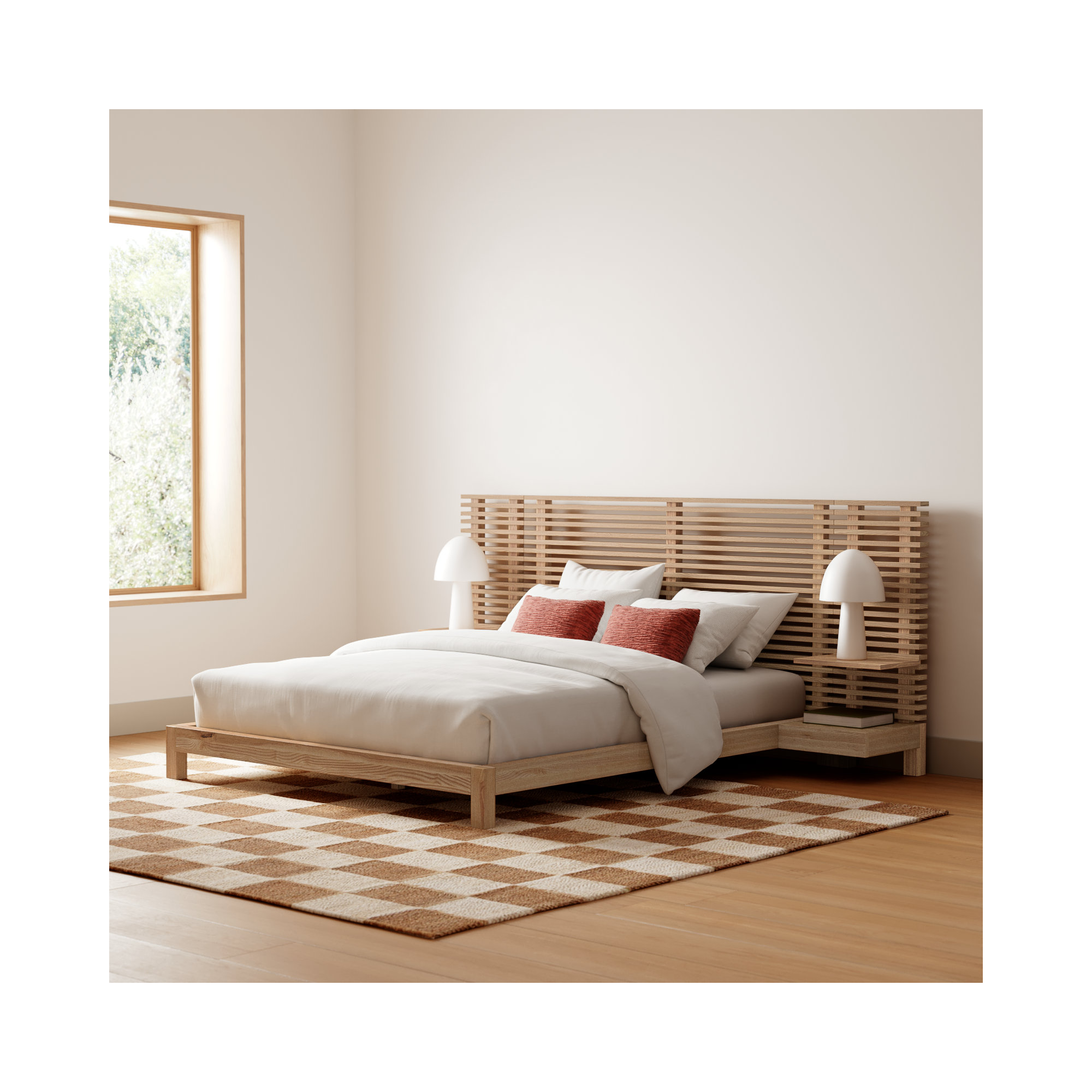 Finnian Solid Wood Panel Storage Bed, Queen, Light Oak