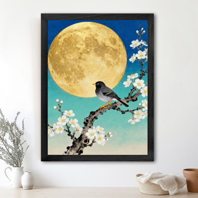 Reproduction d'art encadré noir avec oiseaux rétro sous des branches d'arbre