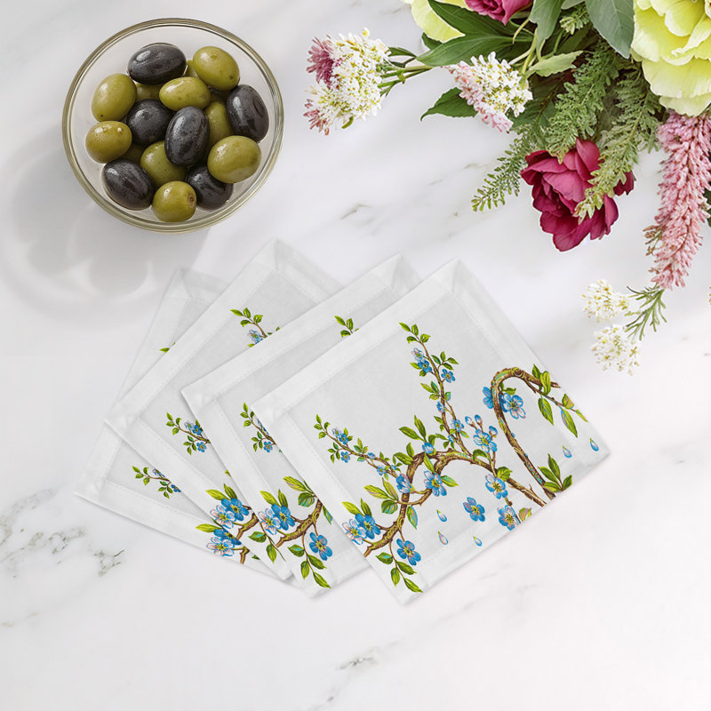 Cherry Blossom Cotton Sateen Cocktail Napkins, Blue