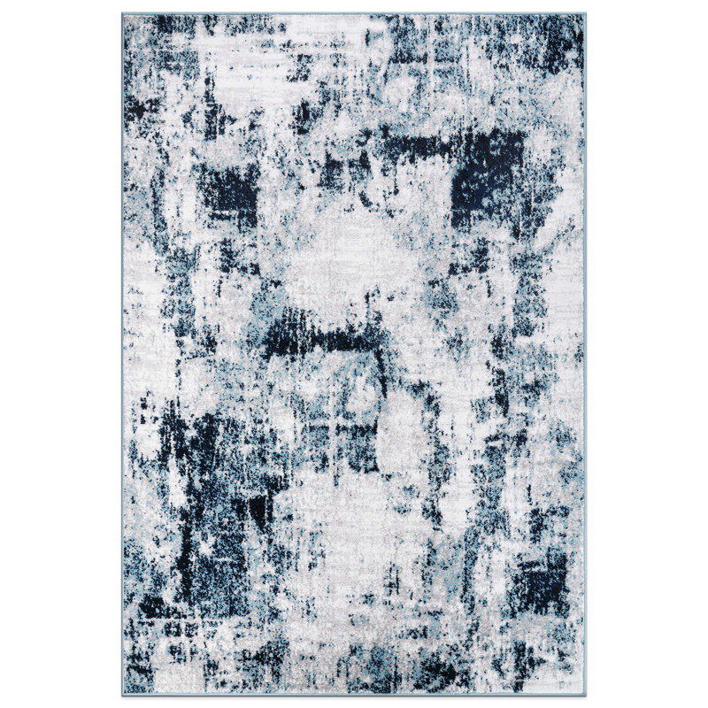 Hobart Abstract Blue/Ivory/Navy Area Rug, Rectangle 5' x 7'