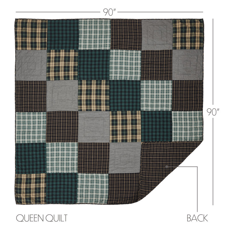 Queen Black and Green Cotton Reversible Patchwork Quilt