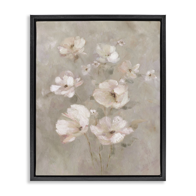 Fleurs rosées sur cadre flottant beige, design par Carol Robinson, Cadre flottant noir de jais, H 21 po x l 17 po